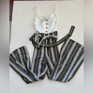 NWT White & Olive Stripe Wide Leg Jumpsuit | Tie Waist | Size S